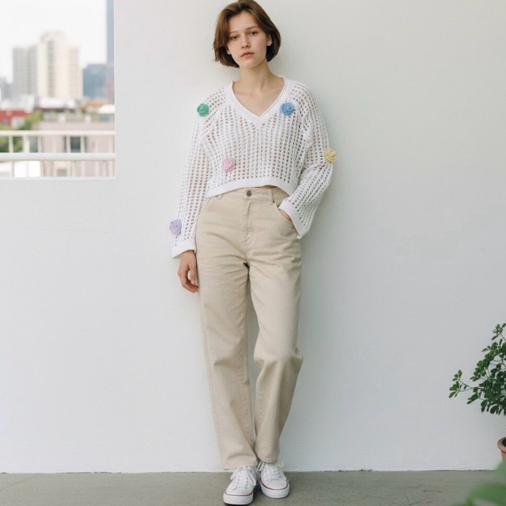 Wild Fable Cream Sweater with Colorful Flower Accents
